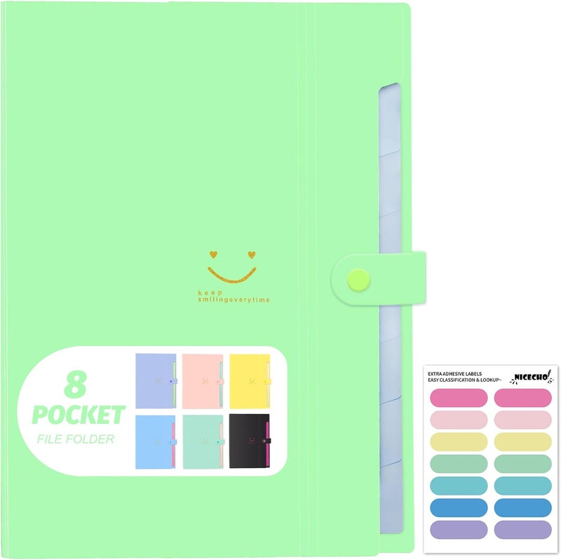 Nicecho Expanding File Folder, 8 Pockets Accordion File Organizer, A4 Letter Size Paper Document Receipt Organizer Accordian Filing Folder for Classroom, Home, Office and Travel(Grass Green) - Image 1